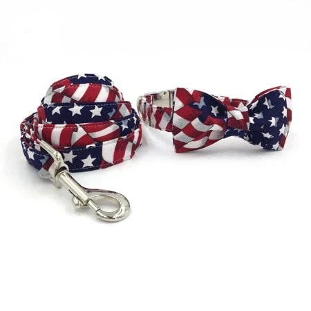 All American Stars and Stripes Dog Bow Tie Collar and Leash - TheGlamPets