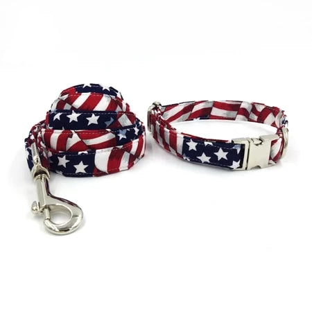 All American Stars and Stripes Dog Bow Tie Collar and Leash - TheGlamPets