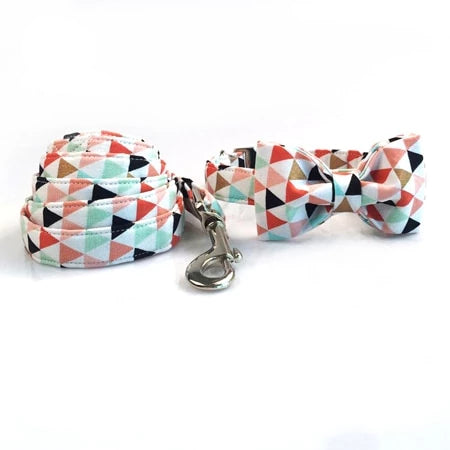 Dapper Multicolored Triangles Dog Bow Tie Collar and Leash - TheGlamPets