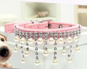 The Duchess Vanity Pearls and Rhinestones Leather Dog Collar Necklace - TheGlamPets