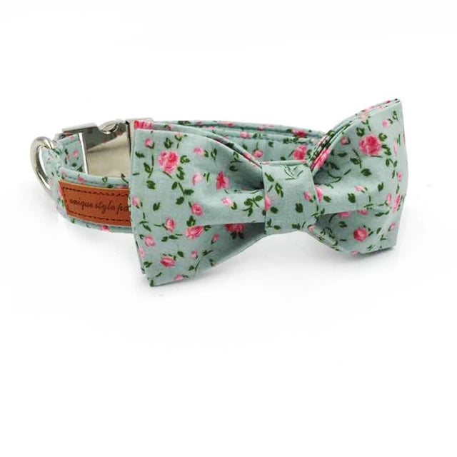 Dapper Green Floral Dog Bow Tie Collar and Leash - TheGlamPets