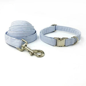 Dapper Blue Stripe Dog Bow Tie Collar and Leash - TheGlamPets