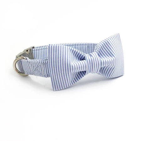 Dapper Blue Stripe Dog Bow Tie Collar and Leash - TheGlamPets