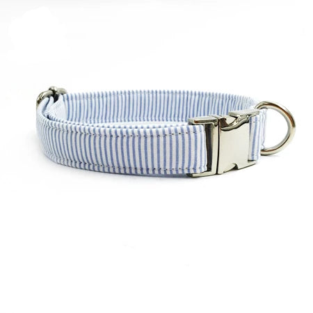 Dapper Blue Stripe Dog Bow Tie Collar and Leash - TheGlamPets