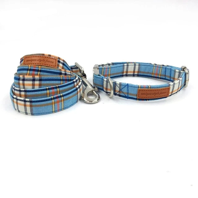 Dapper Blue Plaid Dog Bow Tie Collar and Leash - TheGlamPets