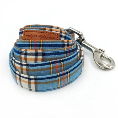 Dapper Blue Plaid Dog Bow Tie Collar and Leash - TheGlamPets