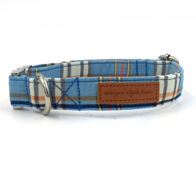 Dapper Blue Plaid Dog Bow Tie Collar and Leash - TheGlamPets